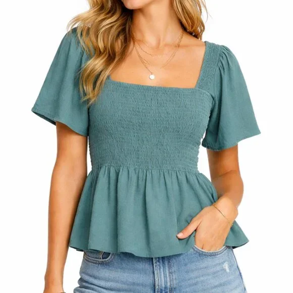 Madewell Linen-Blend Lucie Smocked Peplum Top - Picture 1 of 7